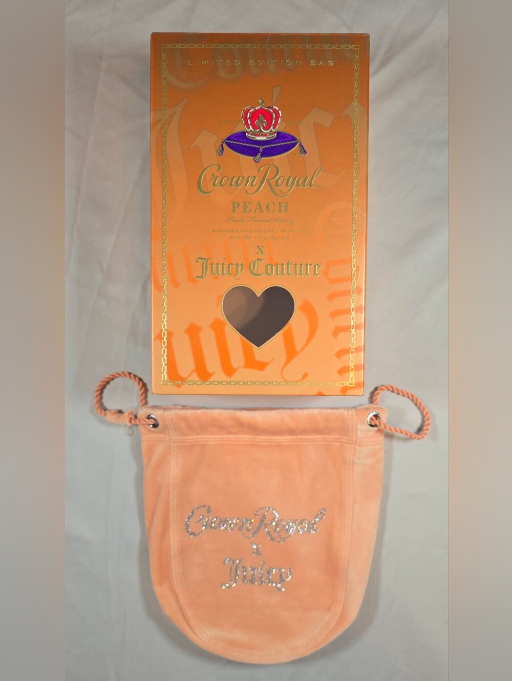 RARE Juicy Couture x Crown Royal Peach Box & Bedazzled Velour Pouch Set Y2K